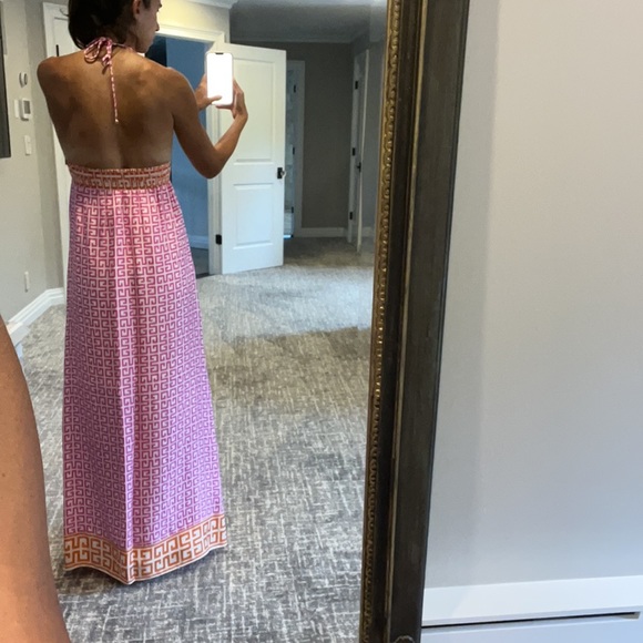 Alice & Trixie Pink & Orange Greek Key Print Silk Halter Dress - Picture 2 of 5